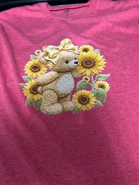 Women’s ' Pink Short Sleeve Tee with Teddy Bear & Sunflower Graphic
